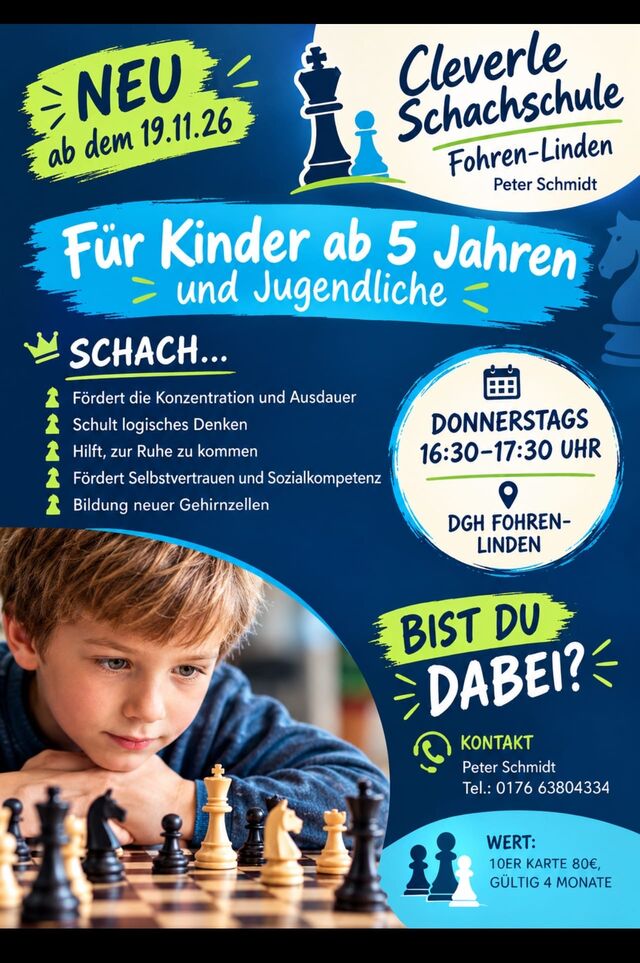 Flyer: Cleverle Schachschule Fohren-Linden, neu ab 19.11.2026, donnerstags 16:30–17:30 Uhr im DGH
